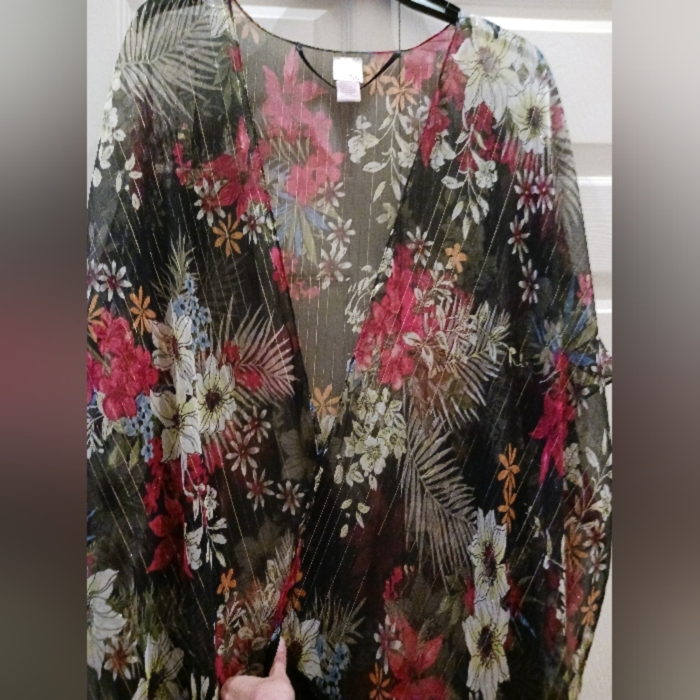 Kimono Black Pink Gold Floral Sheer Fringe Cardigan One Size